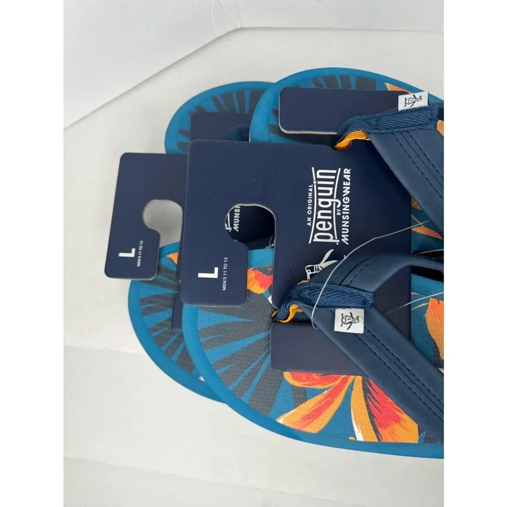 New Original Penguin Navy & Orange Tropical Floral Men's Flip Flops Various Sz